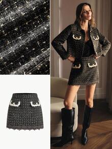 MOTF PREMIUM TWEED CONTRAST LACE SKIRT - Grey - View 9