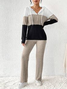 EMERY ROSE Women's Casual Contrast Color Drawstring Hoodie And Pants Set, Autumn