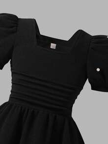 女童优雅纹理面料方领泡泡袖串珠高端针织连衣裙，红色，夏季新款 - 黑色 - 查看 4