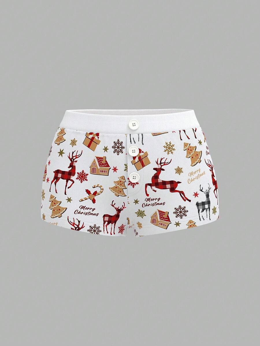 Sweetina 女士圣诞假日驯鹿印花纽扣设计休闲短裤 - 彩色 - 查看 1