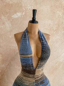 Soleia Winter Clothes Women's Fashion Sexy Contrast Stripe Backless Halter Neck Knit Romper - Multicolor - View 4