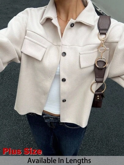 SHEIN Tall CURVE 大码翻盖口袋落肩纽扣前大衣