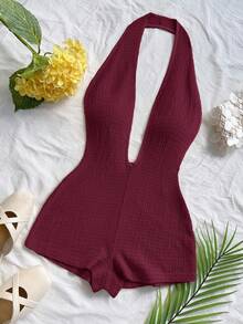 Soleia Women's Solid Color Minimalist Halter Jumpsuit, Everyday Wear,New Year Clothes,Chic Women's Jumpsuit - Burgundy - View 3