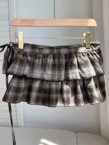 SHEIN Comfortcana Women's Fashionable Plaid Print Mini Skirt - Coffee Brown - View 3