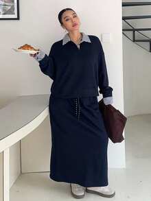 Dazy Plus 2pcs/Set Women Plus Size Casual Contrast Color Splice Lapel Loose Thicken Fleece Sweatshirt And Skirt Set, Autumn/Winter Lounge Sets For Women - Navy Blue - View 6