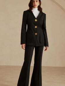 Aveloria Rosie Minimalist V-Neck Embossed Metal Button Waist Fitted Blazer Suit - Black - View 2