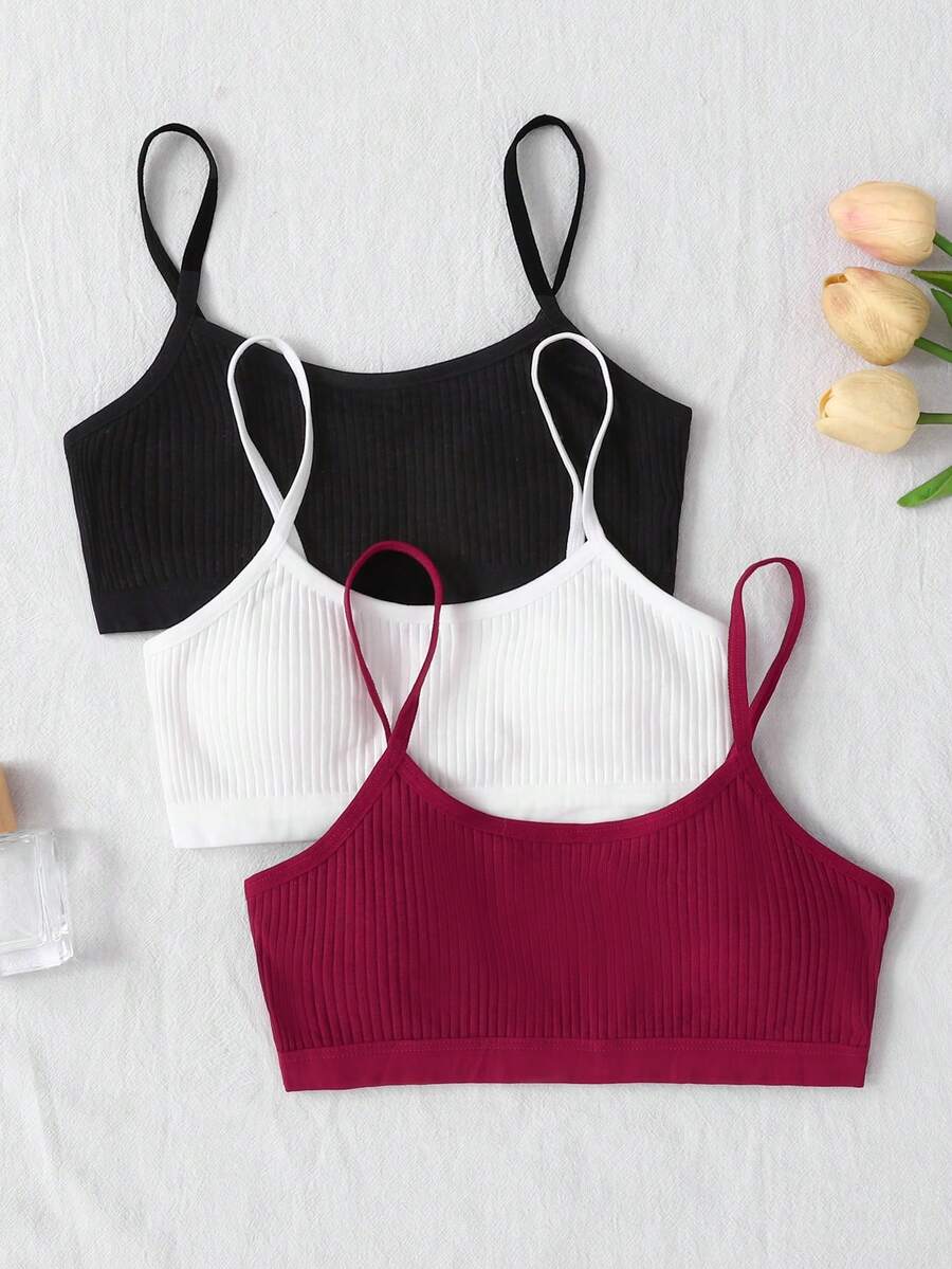 SHEIN 3pcs Tween Girls' Simple Black, White, Pink Comfortable Padded Bras Set