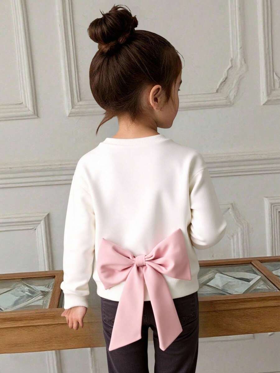 Elladie kids 年轻女孩蝴蝶结装饰圆领落肩长袖休闲运动衫