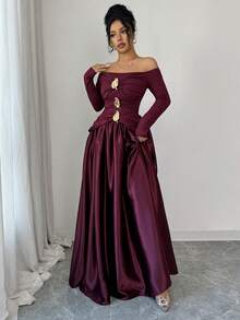 Elenzga Đầm xòe tay dài hở vai đính kim loại thanh lịch dành cho nữ - Màu Đỏ Sâu - Xem 6