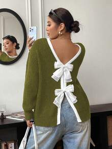 Elenzga Sweater Lengan Panjang Leher Bulat Kasual Wanita Ukuran Besar dengan Hiasan Pita, Melangsingkan, Musim Gugur/Dingin - Olive Green - View 5