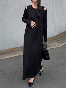 FRIFUL 女式纯黑色圆领长袖镂空露肩直筒宽松休闲长裙，适合秋冬季 - 黑色 - 查看 4