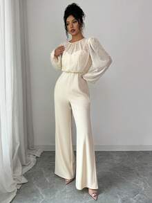 SHEIN Elenzya 优雅浪漫珍珠装饰腰部收紧面料拼接长袖圆领女式连体裤 - 杏色 - 查看 6