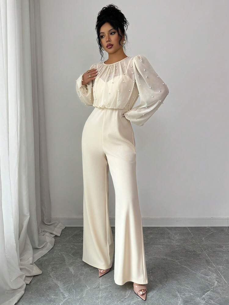 SHEIN Elenzya Elegancki, romantyczny kombinezon z perłowym zdobieniem w talii, z długim rękawem i okrągłym dekoltem, z materiału patchworkowego dla kobiet - Morela - Zobacz 6