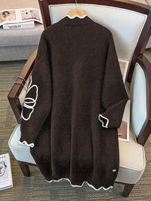 GlowEve CURVE Gilet en maille épaisse à fleurs rouille pour femme grande taille, col en V, blocs de couleurs, polyvalent, automne/hiver - Marron - Voir 2