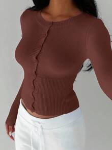 FavEase 女式纯色休闲修身纽扣开衫，百搭圆领，秋冬 - 棕色 - 查看 5