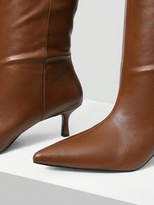 MOTF PREMIUM Botas altas de muslo sólidas FRANCESAS, botas de caña recta hasta la rodilla con tacón alto delgado para mujeres - Marrón - Ver 3