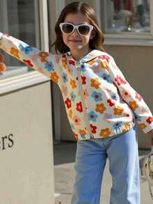 女童幼儿可爱流行色花卉连帽拉链夹克 - 杏色 - 查看 2