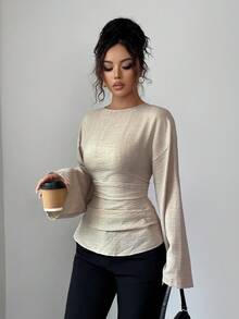 Siren Gaze Damen Minimalistische einfarbige Bluse mit rundem Ausschnitt, Langarm und Reißverschluss hinten