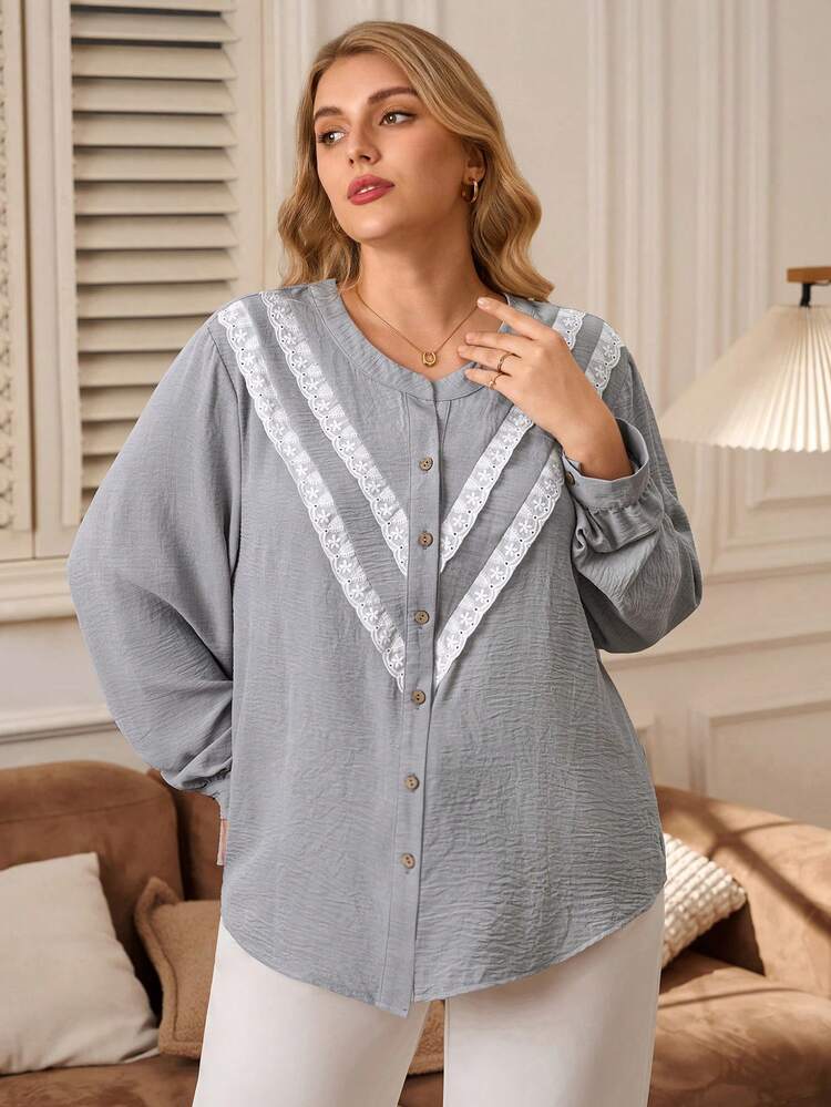 Plus Size Textured Front Button Long Sleeve Casual Shirt, Autumn/Winter,2025 New
