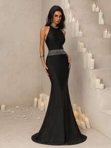 Vowa Váy ôm sát vai thêu hạt thủ công bằng vải dệt kim sang trọng thanh lịch, thích hợp cho tiệc tối, tiệc tùng, triển lãm, sự kiện kinh doanh, khách dự tiệc cưới, váy dạ hội - màu đen - Xem 8