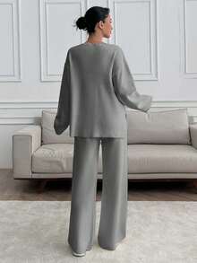 SHEIN PETITE Petite Damen V-Ausschnitt Oversized Pullover und Strick Hose Set