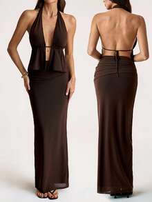 SHEIN Tall Women Elegant Plain Color Sexy Brown Halter Low Back Crop Top And Skirt Set,Elegant Outfits For Party,Wedding Guest Sets For Women,Party Outfit - Brown - View 7