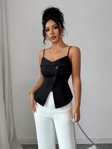 Elenzga Áo hai dây cổ chữ V mới dành cho nữ, vải dệt, dáng ôm, áo hai dây thanh lịch, thường ngày, đa năng cho mùa xuân/thu - màu đen - Xem 3
