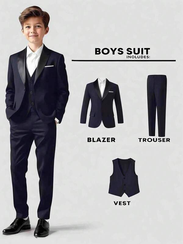 SHEIN Conjunto de 3 piezas de traje formal para niño preadolescente: Blazer casual + Chaleco + Pantalones, conjunto elegante para fiestas de cumpleaños, galas de noche, bodas, bautizos, aniversarios
