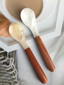 Cirelle [Every Piece Is Unique]1pc Shell Cutlery Set Translation,Shell Fork And Spoon Set,Wooden-Handled Fork,Caviar Spoon,Dessert & Ice Cream Shell Spoon,For Gatherings, Featuring High-Quality Textured Cutlery. - Multicolor - View 9
