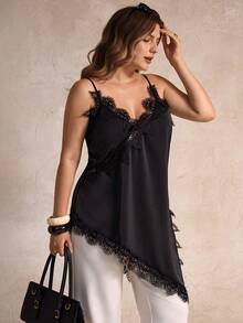 Elegantrix Plus Size Women Urban Casual Lace Asymmetric Hem V-Neck Patchwork Solid Color Camisole