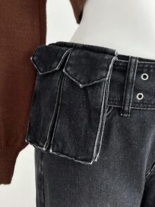 Elamini 女式黑色腰带扣设计喇叭休闲牛仔裤 - 黑色 - 查看 3