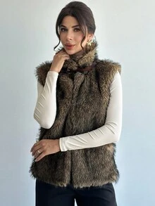 Firerie 女式优雅秋冬新款人造毛皮无袖纽扣夹克 - 摩卡棕 - 查看 5