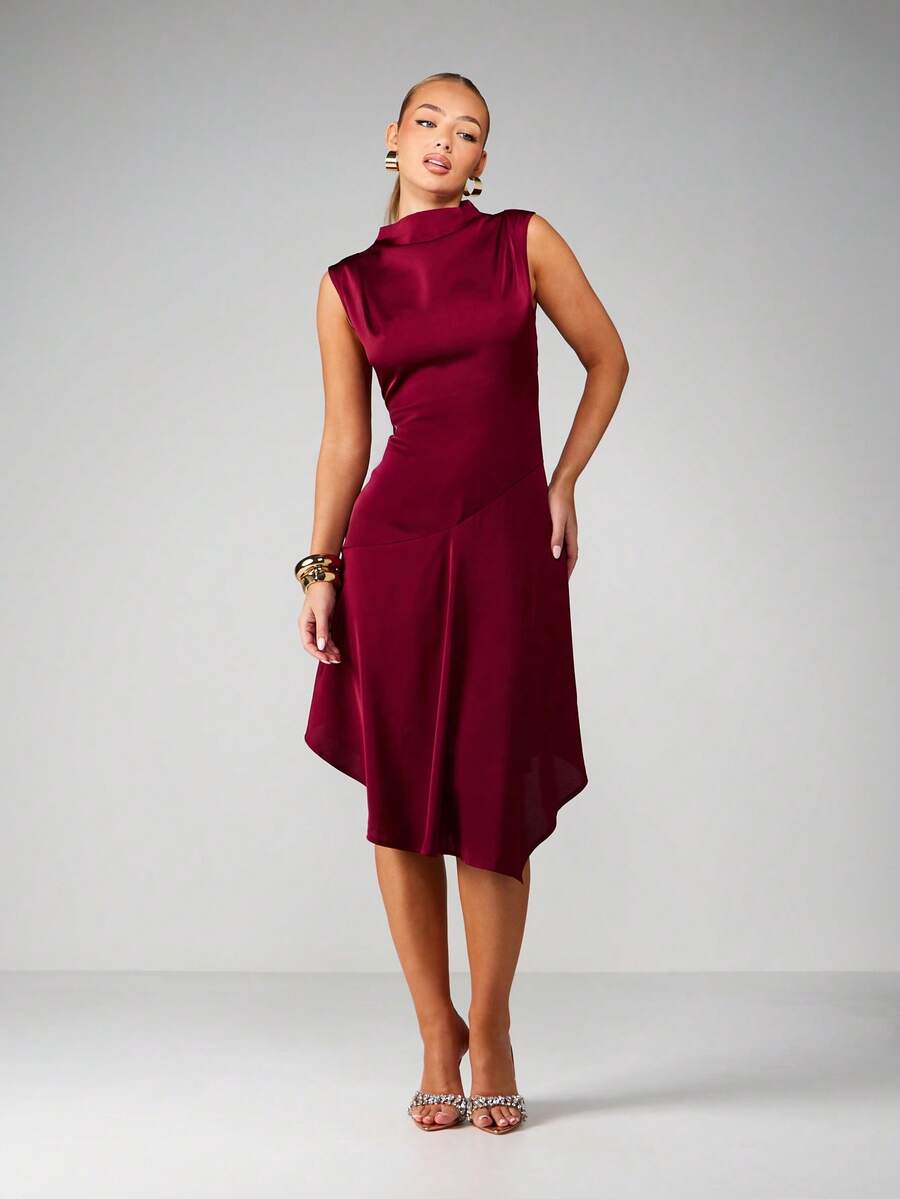 MISSGUIDED Đầm midi satin không tay cổ cao với vạt bất đối xứng, thích hợp cho tiệc tối. - màu nâu - Xem 1