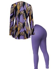 EMERY ROSE Bộ 2 áo thun dài tay chữ A và quần legging bằng vải nỉ dành cho nữ, họa tiết ngẫu nhiên, thu/đông - Nhiều màu - Xem 2