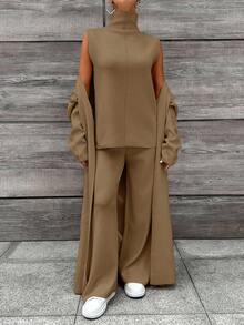 EURMUSE 2pcs Women's Casual Solid Color Cardigan & Pants Set, Fall/Winter - Camel - View 5