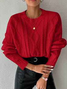 EURMUSE Women's Solid Color Crew Neck Cable Knit Casual Pullover Sweater - Merah - View 5
