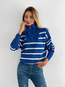 EURMUSE 女式条纹简约毛衣，前拉链，休闲装 - 寶藍色 - 查看 5