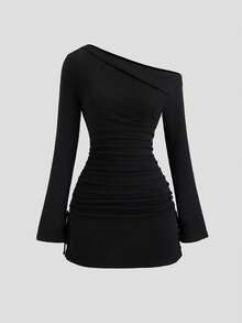 Sweetra 女式不对称荷叶边肩部裹身连衣裙，长袖，适合万圣节、郊游、通勤、旅行、约会，黑色 - 黑色 - 查看 6