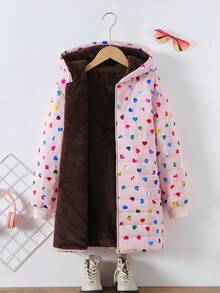 Tween Girl Elegant Pink Heart Laser Print Quilted Fabric Ribbed Cuff Long Winter Warm Cotton Padded Zip-Up Jacket
