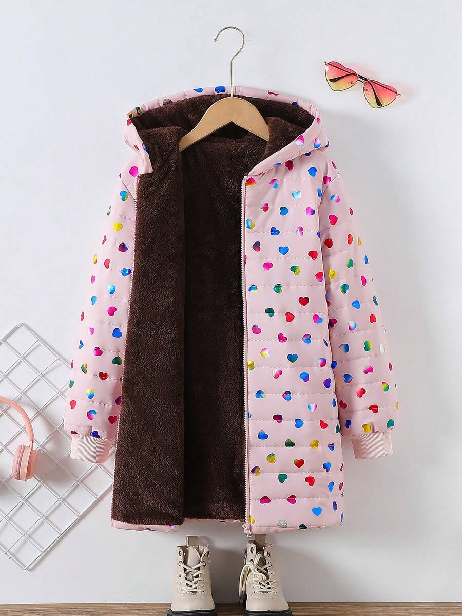 Tween Girl Elegant Pink Heart Laser Print Quilted Fabric Ribbed Cuff Long Winter Warm Cotton Padded Zip-Up Jacket