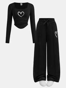 SHEIN Bộ trang phục thể thao thu/đông 2 món cho bé gái tuổi teen - Áo thun dệt kim họa tiết hình trái tim, màu trơn, cổ chữ U, viền nhún và quần nỉ ống đứng xếp ly, màu đen - màu đen - Xem 7