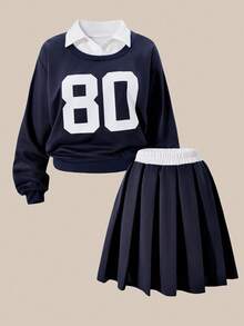 Sparklyn 2 件套青少年女孩休闲宽松落肩衬衫领衬衫和裙子套装 - 寶藍色 - 查看 4