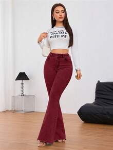 SHEIN Tall 女式休闲通勤简约纯色高腰修身喇叭牛仔裤 - 酒紅色 - 查看 6