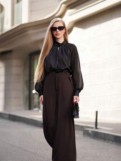 ORNATELLA Black Modern Urban Hollow-Out Satin Long Sleeve Shirt