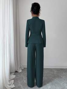 Elenzga Women's Suit Set, Suit Fabric, Lapel Collar, Long Sleeve, Waist Cinched A-Line Asymmetric Hem, Metal Button Decor, Sophisticated & Elegant For Office, Commute, Street Style, French Romantic, Casual, Middle Eastern Vintage, Afternoon Tea, Party, Thanksgiving, Back To School, Spring/Autumn/Winter - Teal Blue - View 2