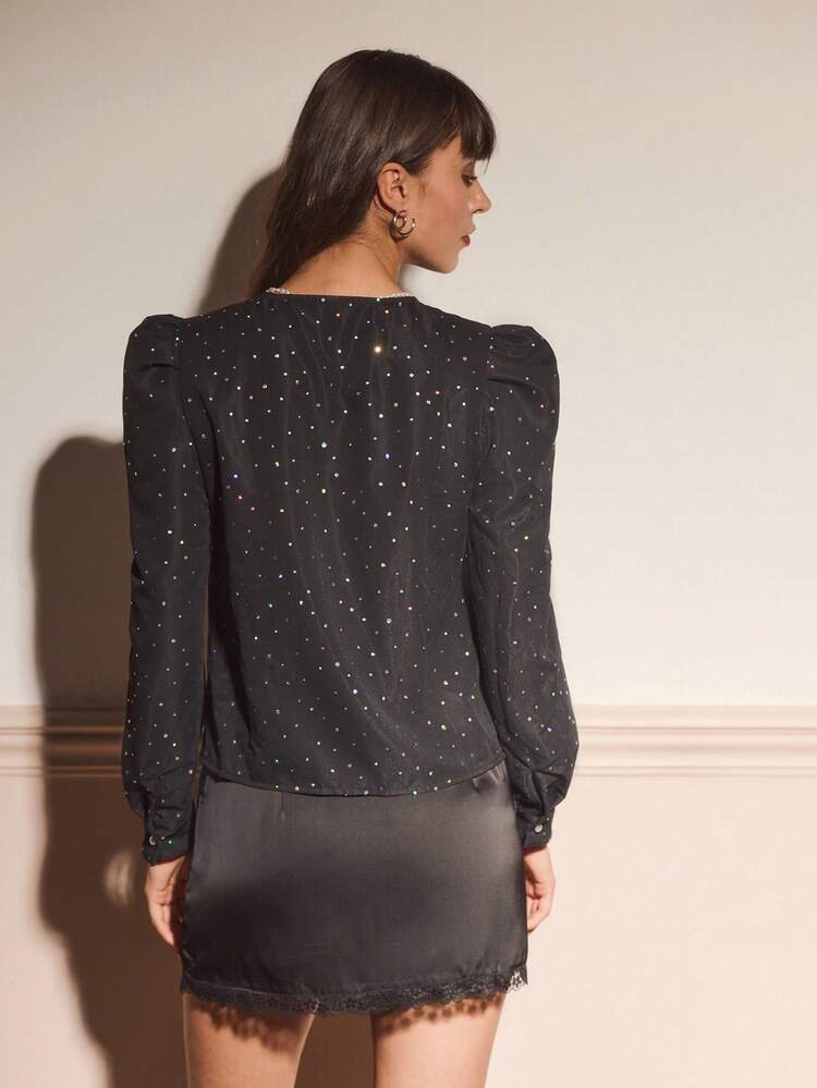 Black Long Sleeve Collarless Blouse With Metallic Dimante Embellishments And Pearl Buttons Party Evening Chic Vintage Autumn Winter