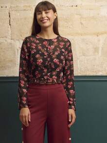 lacRébo Top mignon à manches longues avec fleurs roses, ourlet à volants style vintage pour l'automne et l'hiver - Multicolore - Voir 1