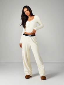 MISSGUIDED Cream Ribbed Lounge Set With Ruched Front Long Sleeve Top And Wide Leg Pants For Women Comfort Wear - Apricot - View 1