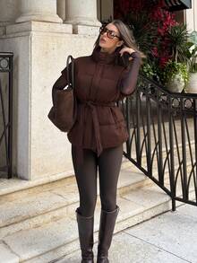 Siren Gaze 女士休闲日常通勤简约纯色高领系带羽绒服，冬季巧克力棕色上衣，深棕色上衣，咖啡棕色上衣 - 棕色 - 查看 4