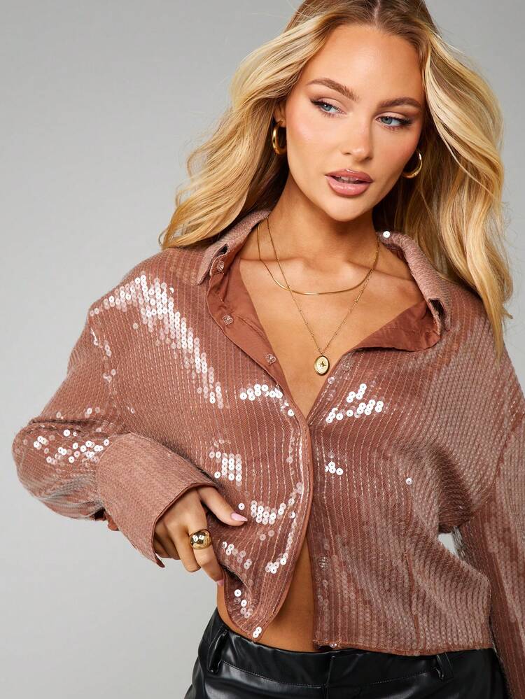 MISSGUIDED Top Cropped com Botões Sequenciados de Manga Longa, Brilhante para Festa, Festival e Noite